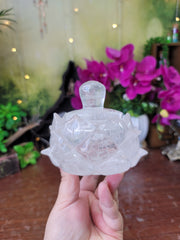 High Grade Clear Quartz Crystal Lotus Bowl/Jar with Lid
