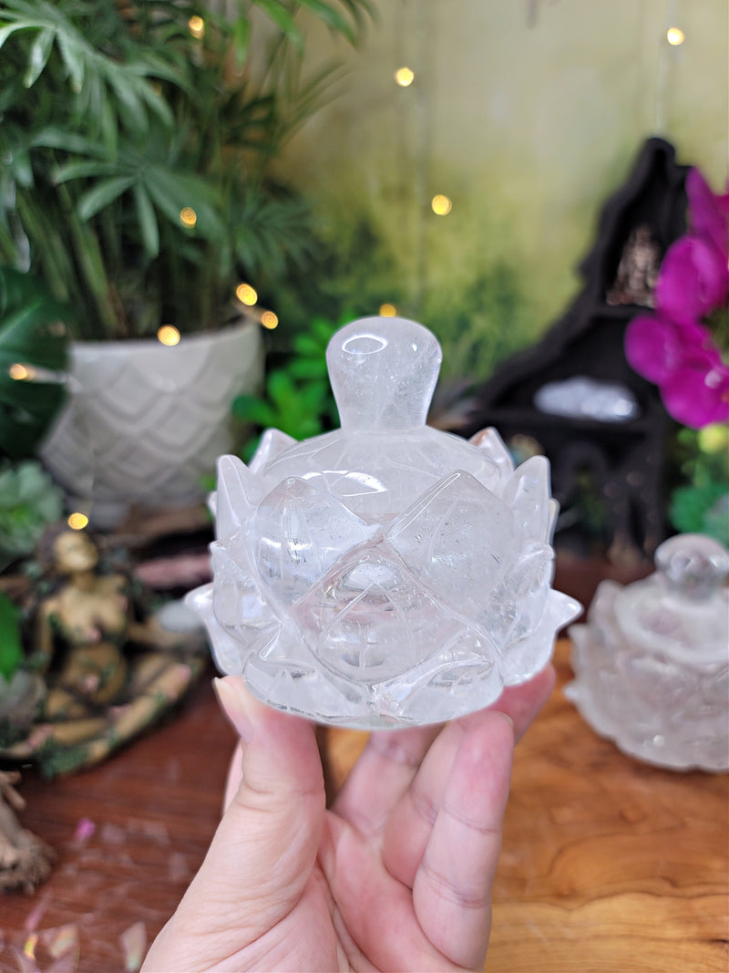 High Grade Clear Quartz Crystal Lotus Bowl/Jar with Lid