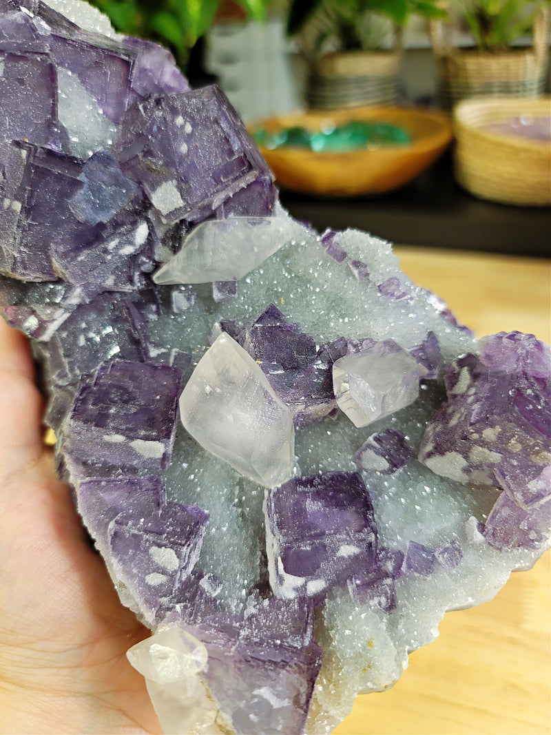 Lavender Cube Fluorite Specimen with Quartz Druzy and Calcite