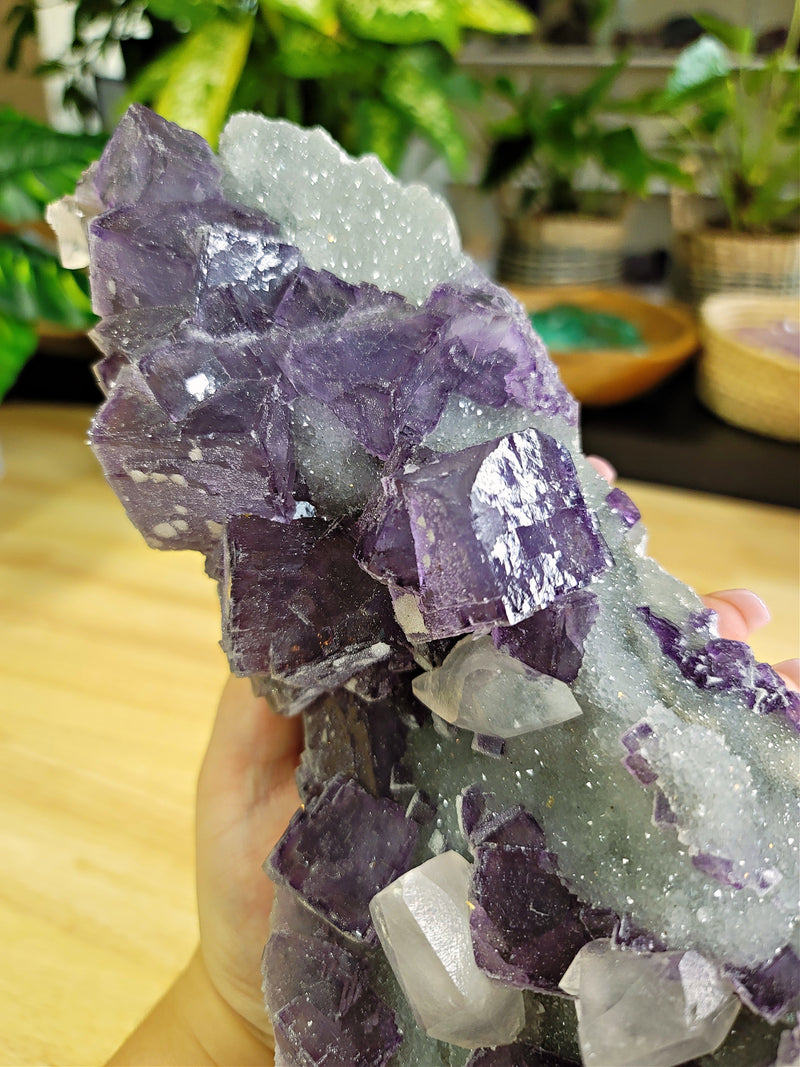 Lavender Cube Fluorite Specimen with Quartz Druzy and Calcite
