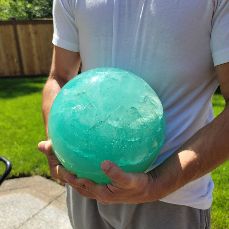 43 Pound Gemmy Fluorite Crystal Sphere with Wood Rotating Stand