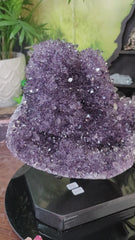 20 Pound Twin Stalactite Amethyst Cluster with Water Clear Points & Calcite on Metal Stand