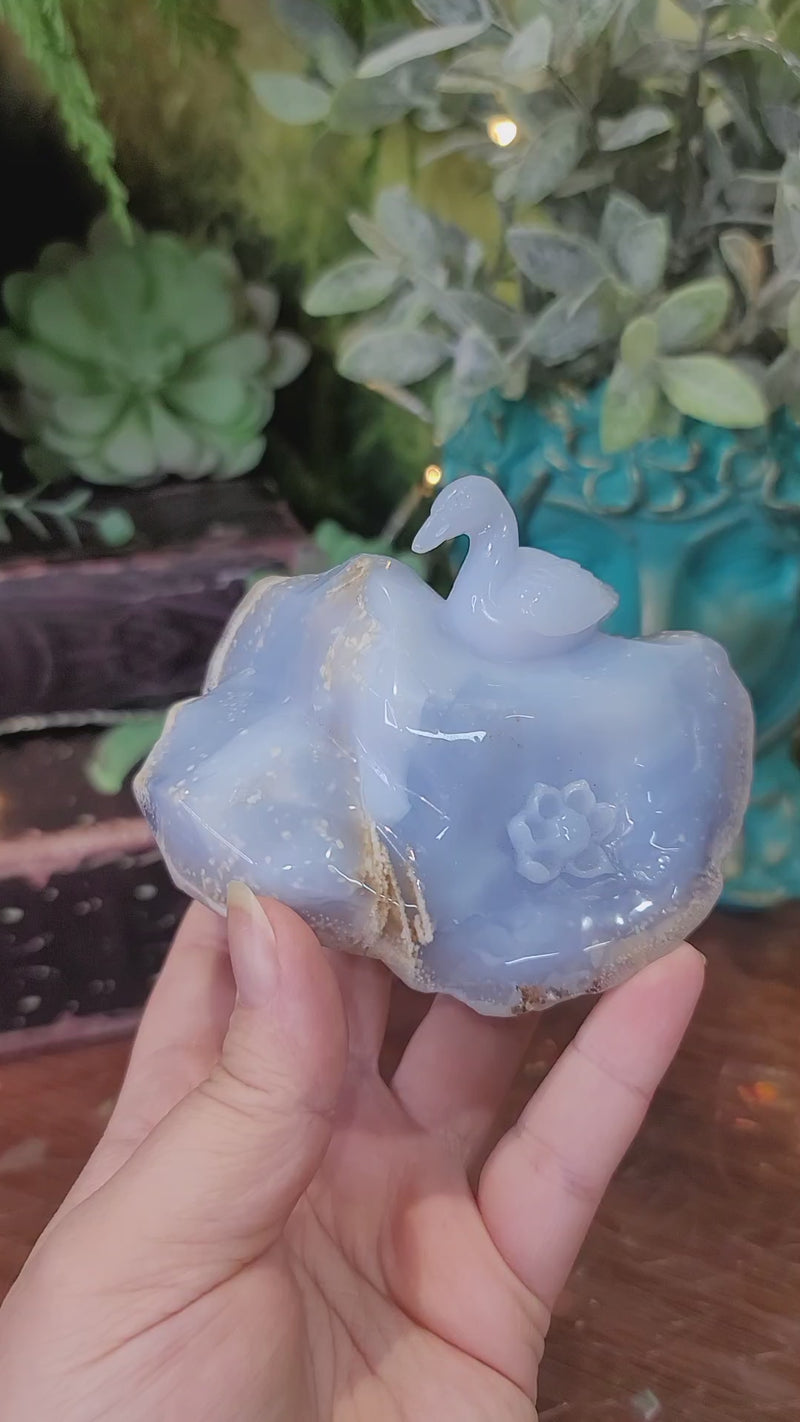 Blue Chalcedony Lotus & Swan Carving