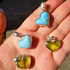 Larimar & Amber Heart Sterling Silver Necklace