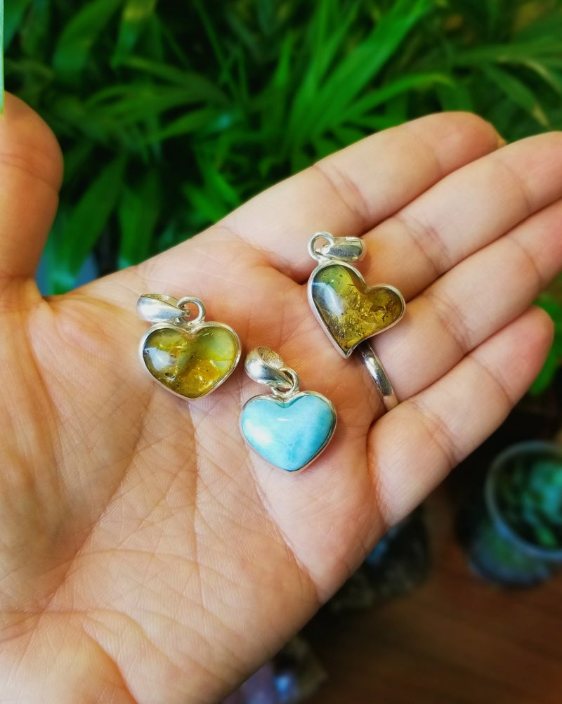 Larimar & Amber Heart Sterling Silver Necklace