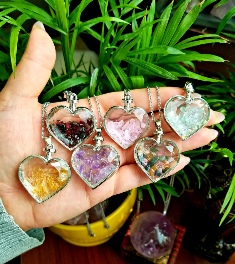 Crystal Chips in Faceted Glass Heart Pendant Necklace
