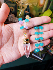 Cosmic Clear Quartz Point with Rainbow Chalcedony Beaded Chain