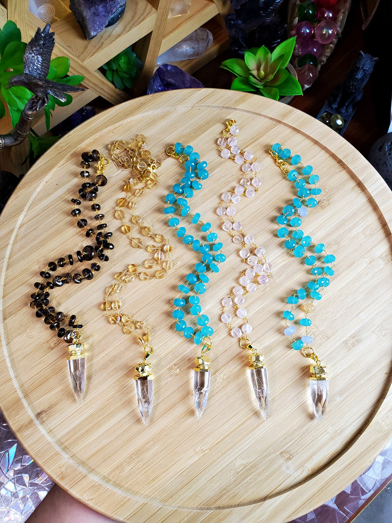 Cosmic Clear Quartz Point with Aqua Chalcedony Beaded Chain