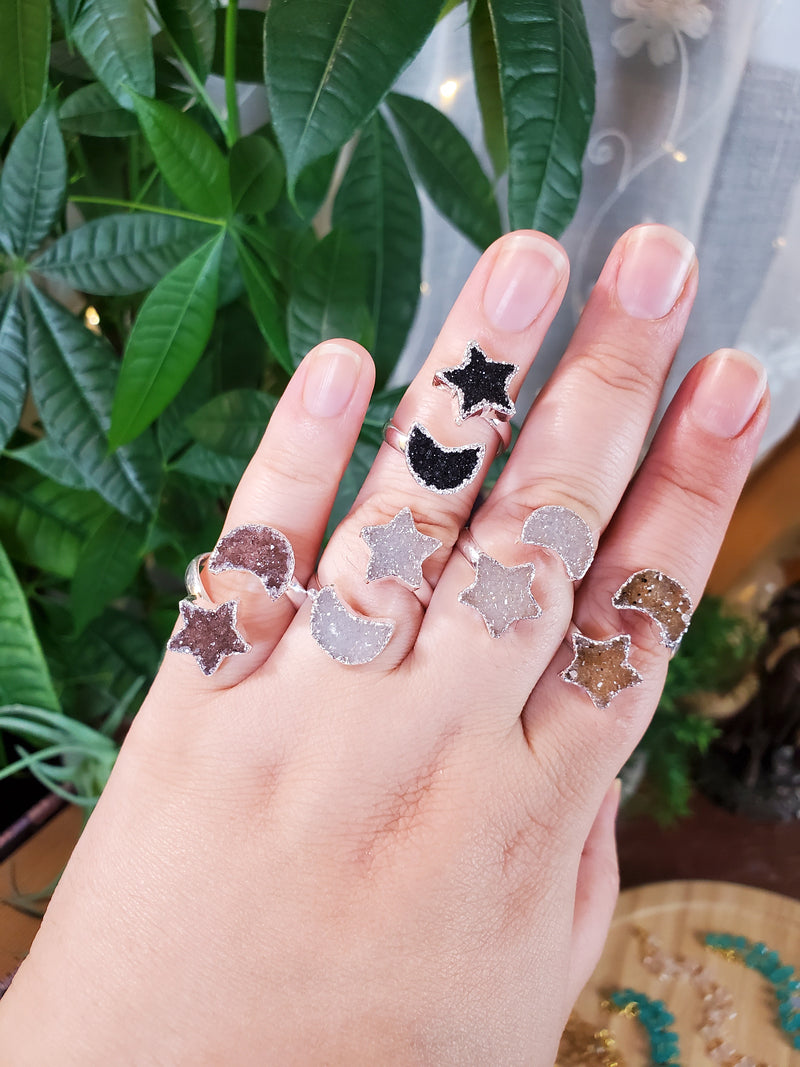 Sparkly Rainbow Galaxy Amethyst Moon & Star Ring Adjustable from Uruguay