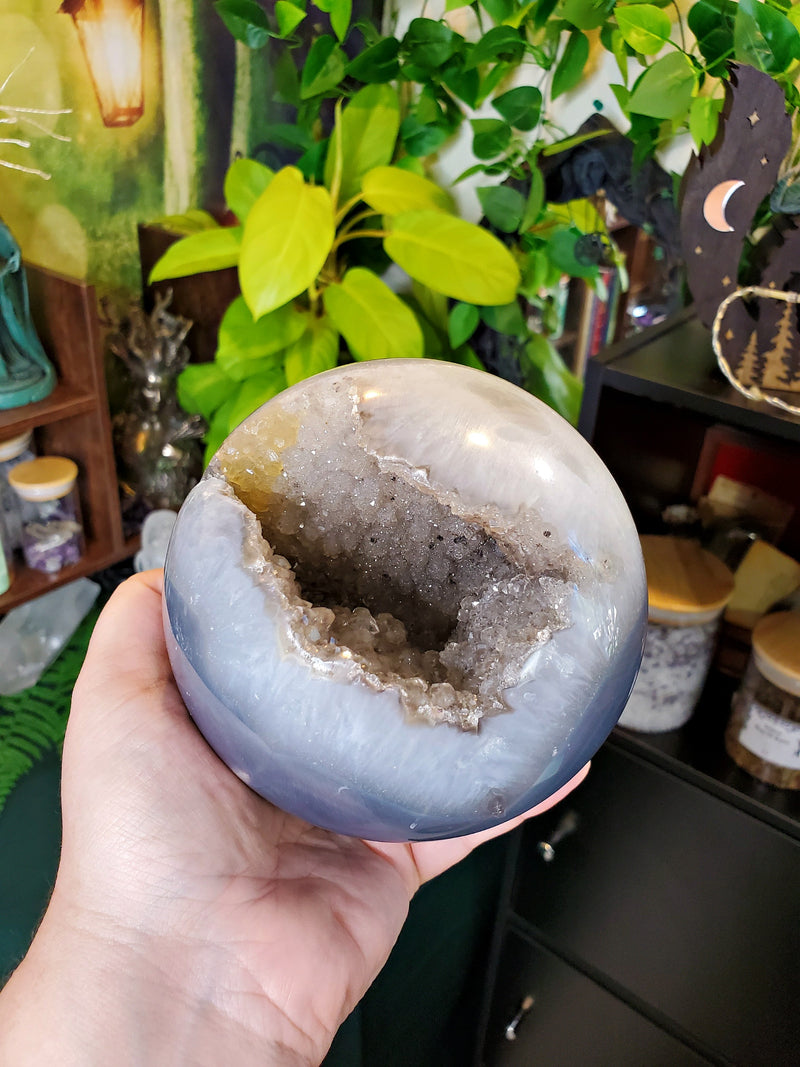 GORGEOUS XL Quartz Druzy Geode Sphere with Gray Agate