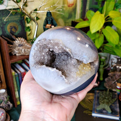Quartz Druzy Geode Sphere with Gray Agate and Black Hematite