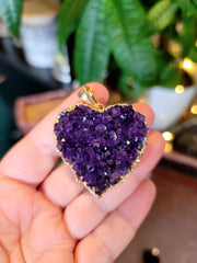 Large Amethyst Heart Necklace from Uruguay Electroplated 24k Gold Edge