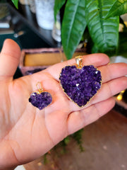 Large Amethyst Heart Necklace from Uruguay Electroplated 24k Gold Edge