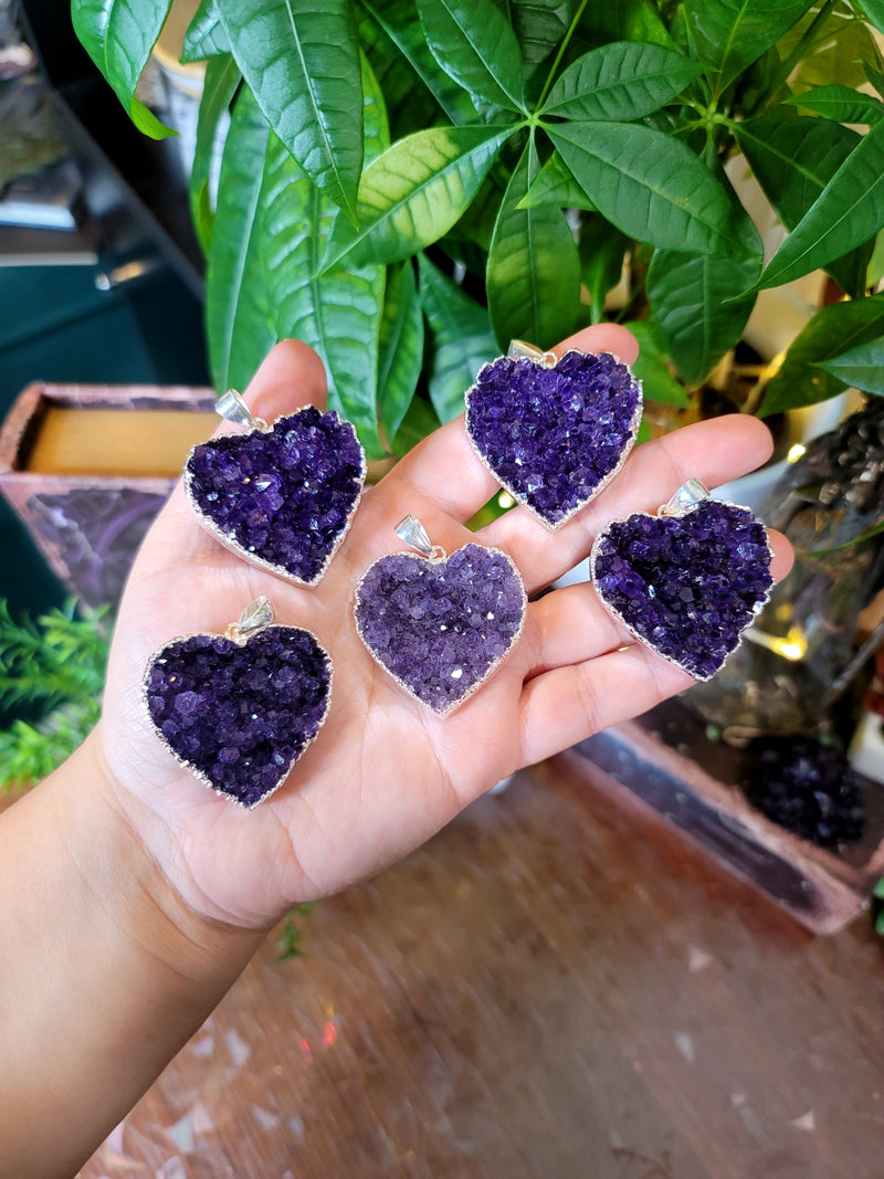 Large Amethyst Heart Necklace from Uruguay Electroplated Silver Edge