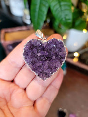 Large Amethyst Heart Necklace from Uruguay Electroplated Silver Edge