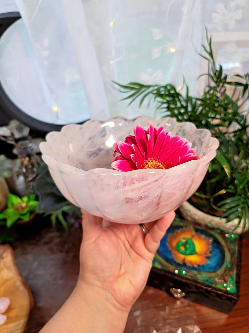 High Quality Large Rose Quartz Flower Bowl Carving