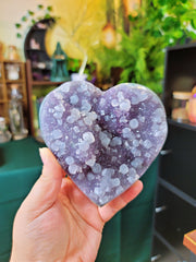 RARE Piece - XL Amethyst Heart with Calcite Cubes & 2nd Generation Amethyst Growth on Metal Stand from Uruguay