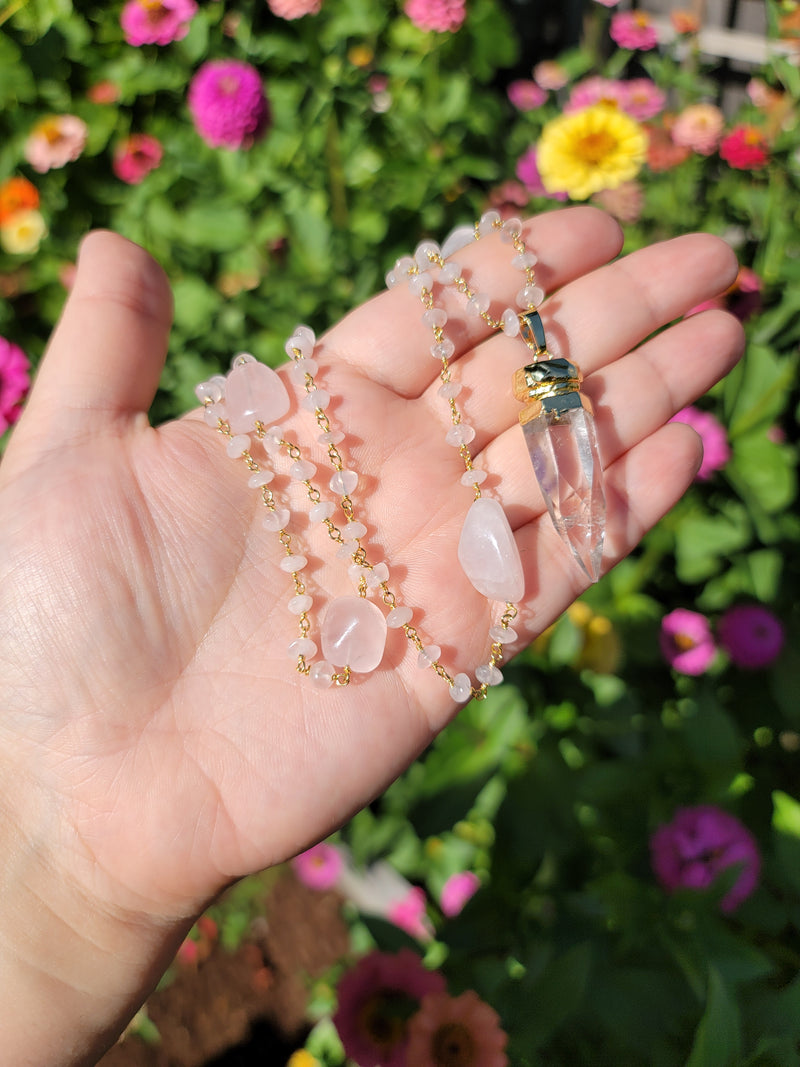 Cosmic Clear Quartz Point with Rose Quartz Beads Chain