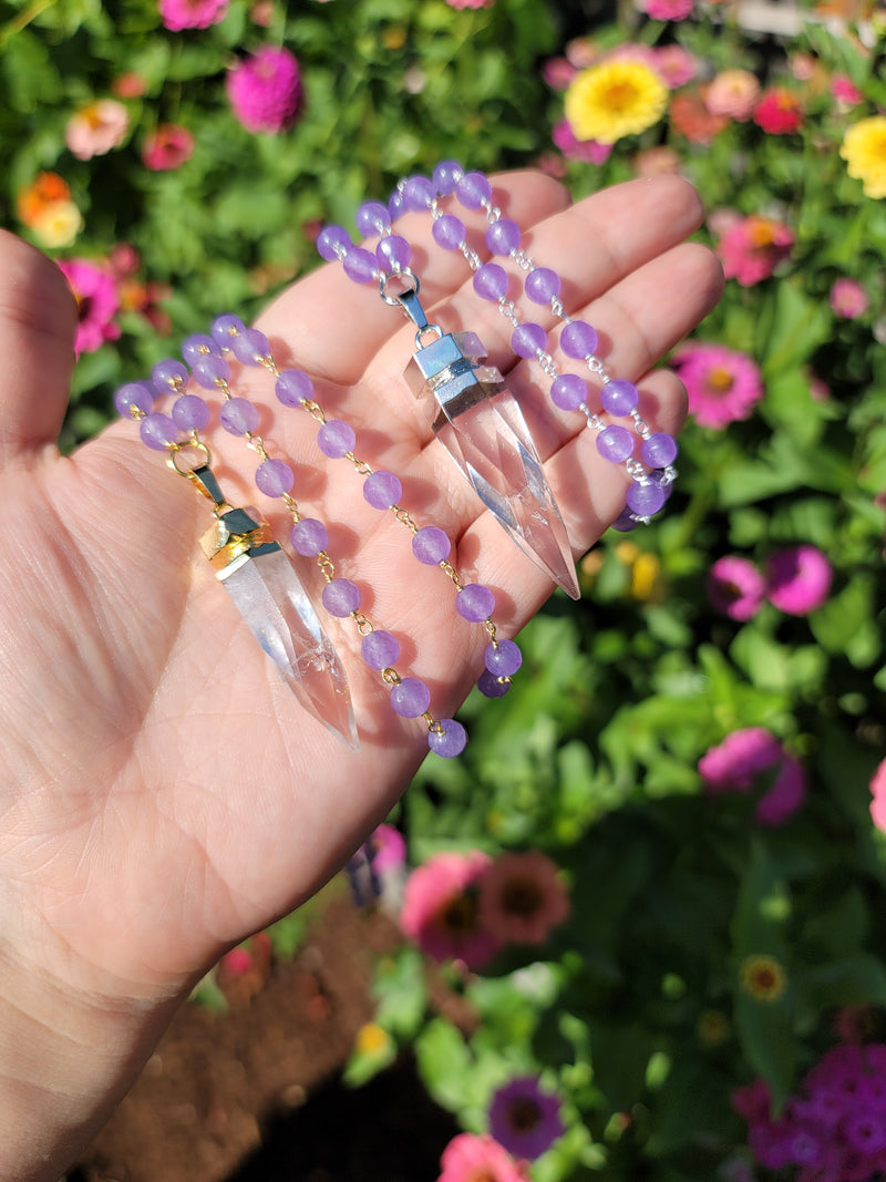 Cosmic Clear Quartz Point with Lavender Chalcedony Beads Chain