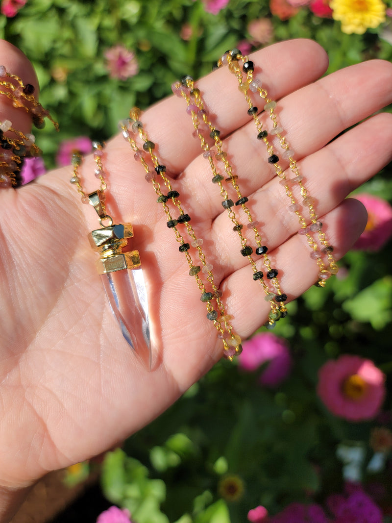 Cosmic Clear Quartz Point with Small Pink Mixed Tourmaline Beads Chain