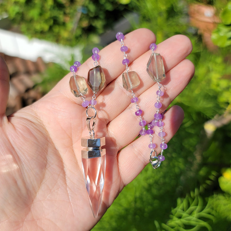Cosmic Clear Quartz Point with Purple & Green Amethyst Beaded Chain