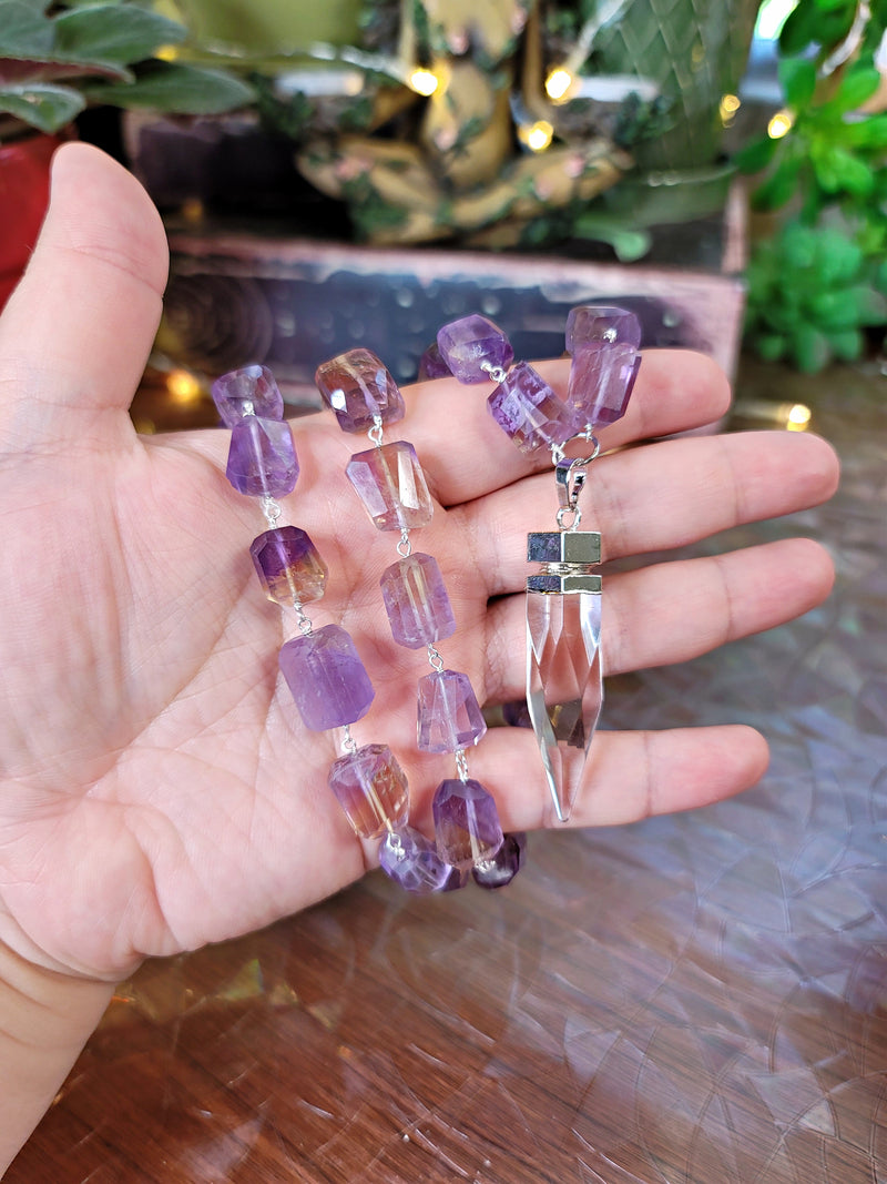 Cosmic Clear Quartz Point with Ametrine (amethyst & citrine) Beads Chain