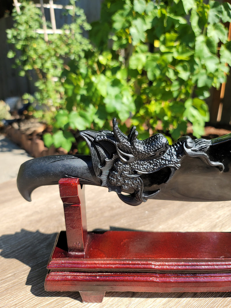 XL Obsidian Chinese Dragon Dadao Sword on Wooden Stand
