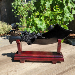 XL Obsidian Chinese Dragon Dadao Sword on Wooden Stand