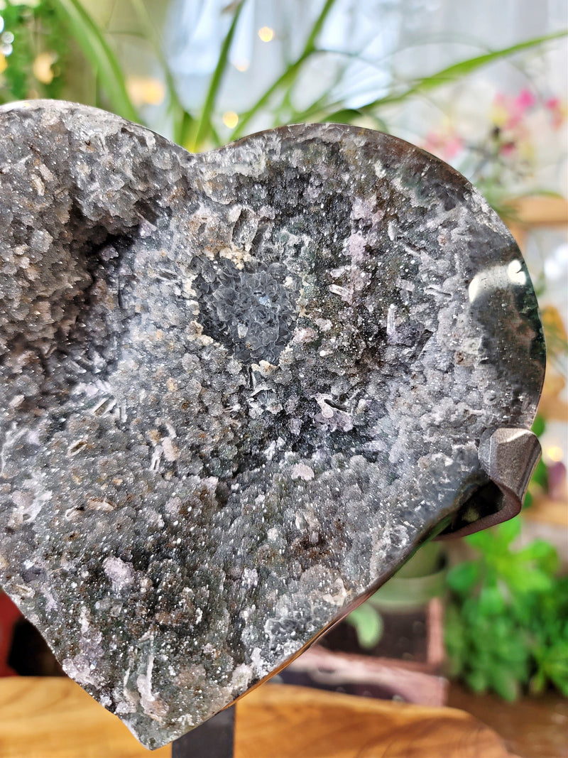 UNIQUE Smoky Amethyst Heart with Druzy Layer & Quartz Points on Metal Stand from Uruguay