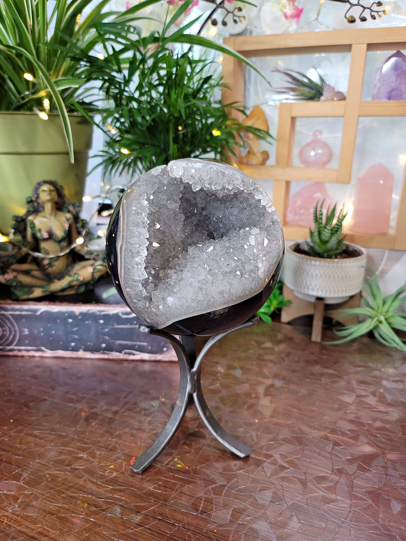 XXL Gray Quartz Sphere from Uruguay on Metal Stand