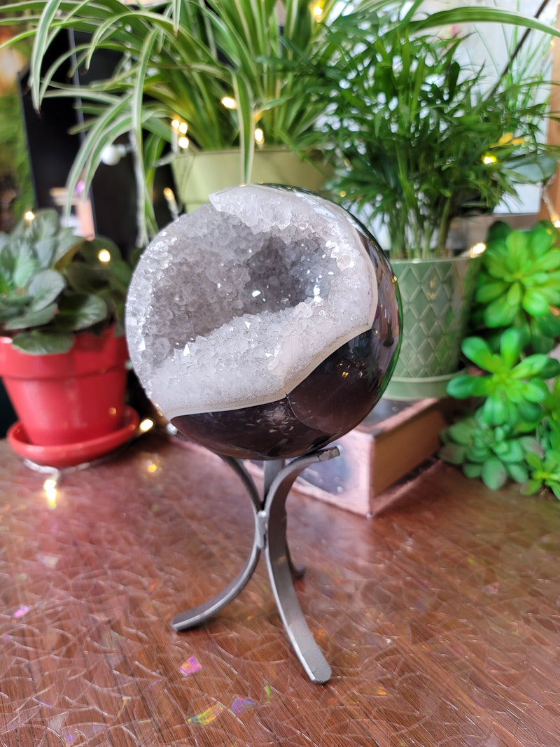 XXL Gray Quartz Sphere from Uruguay on Metal Stand