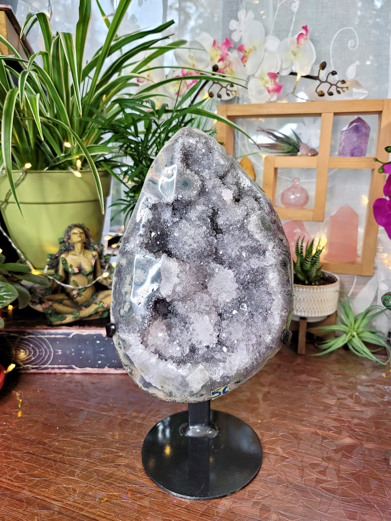 GORGEOUS Quartz & Jasper Geode with LOTS of Flower Formations on Metal Stand from Uruguay