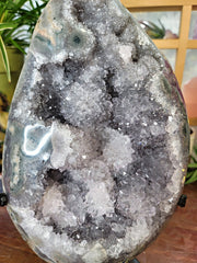 GORGEOUS Quartz & Jasper Geode with LOTS of Flower Formations on Metal Stand from Uruguay