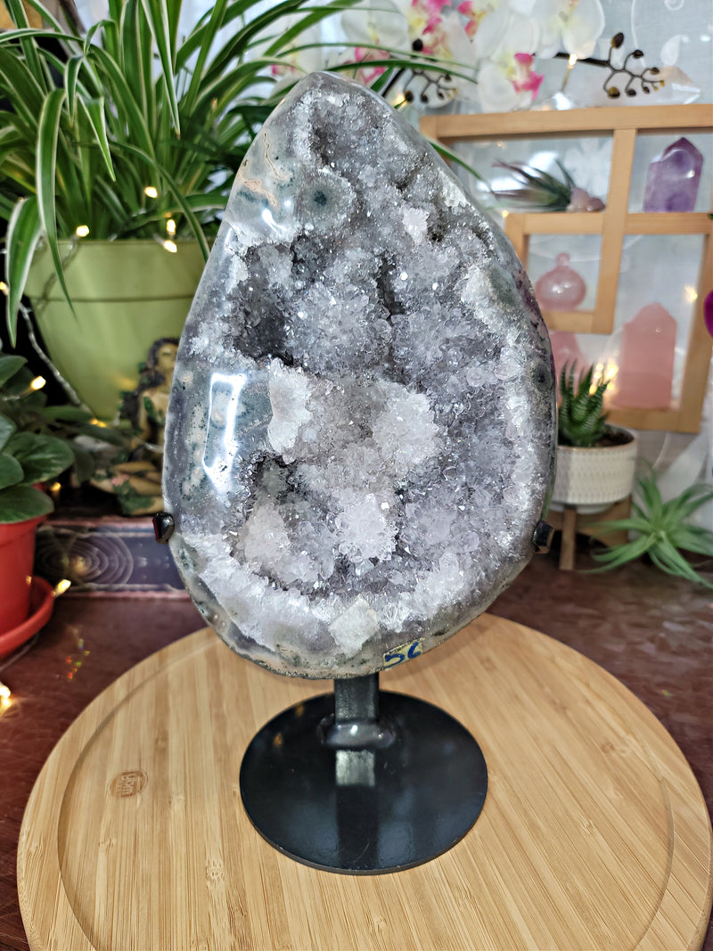 GORGEOUS Quartz & Jasper Geode with LOTS of Flower Formations on Metal Stand from Uruguay