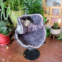 XXXL Amethyst Geode with Calcite and Hematite on Metal Stand from Uruguay