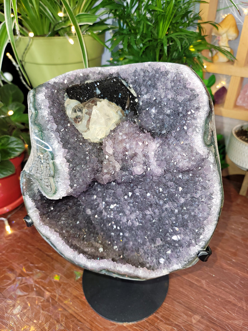 XXXL Amethyst Geode with Calcite and Hematite on Metal Stand from Uruguay