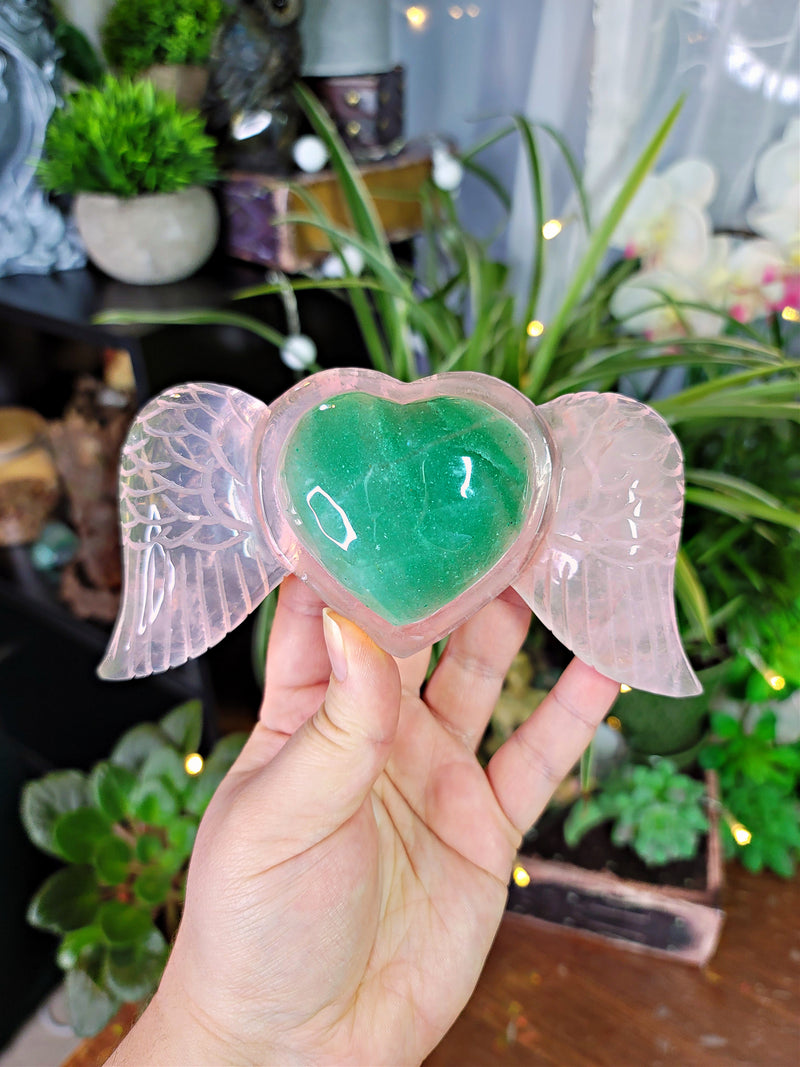 Large Rose Quartz Wings with Aventurine Heart