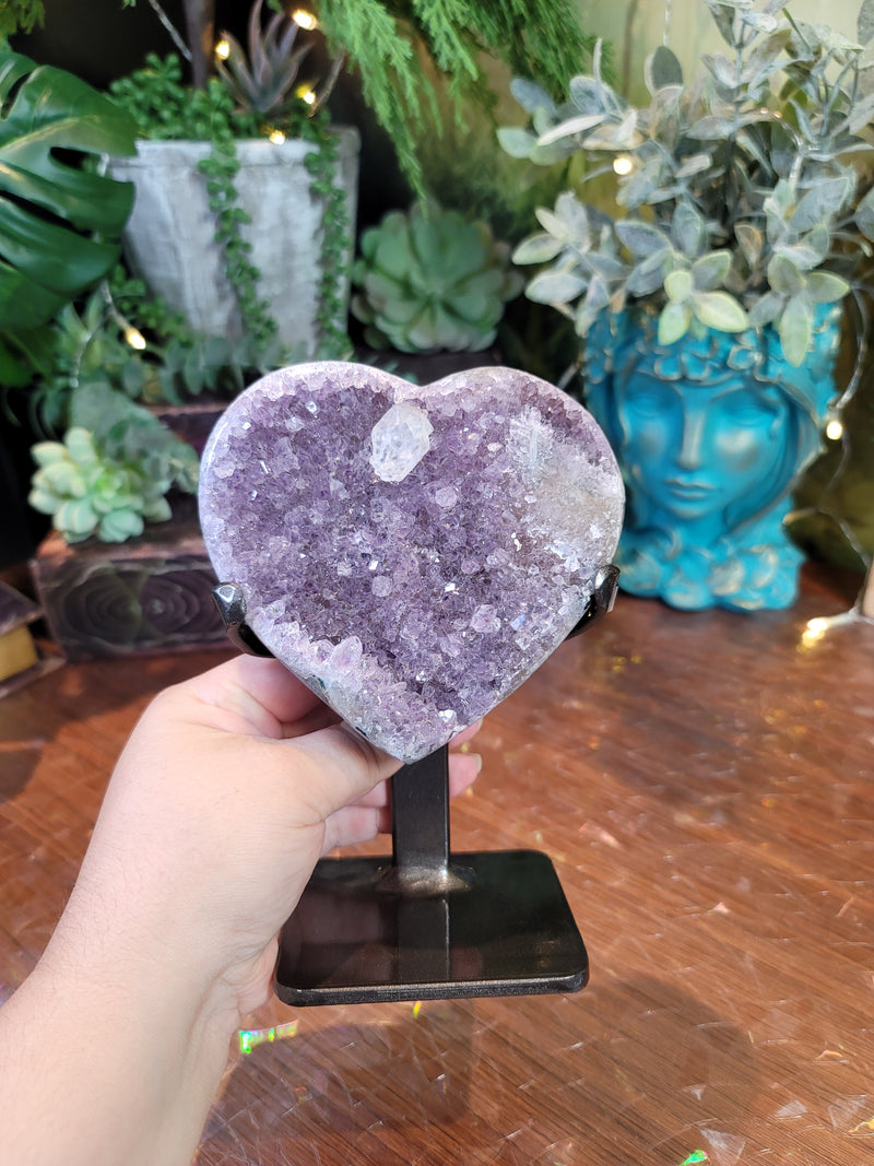 Lavender Amethyst Heart with Calcite on Metal Stand