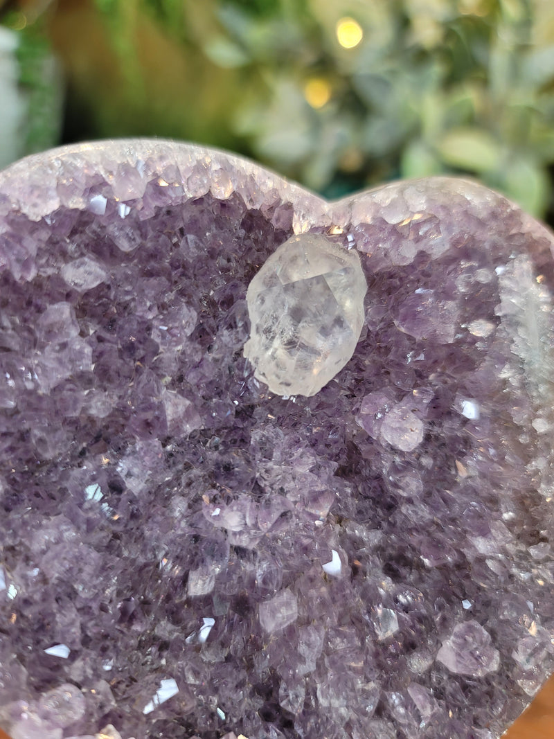 Lavender Amethyst Heart with Calcite on Metal Stand