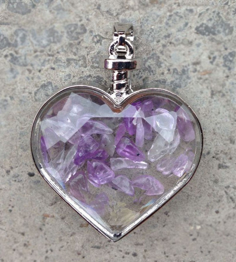 Crystal Chips in Faceted Glass Heart Pendant Necklace