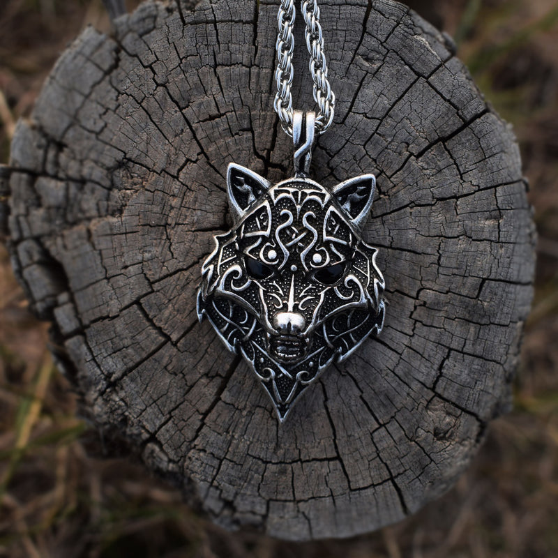 Norse Wolf Obsidian Eyes Pendant